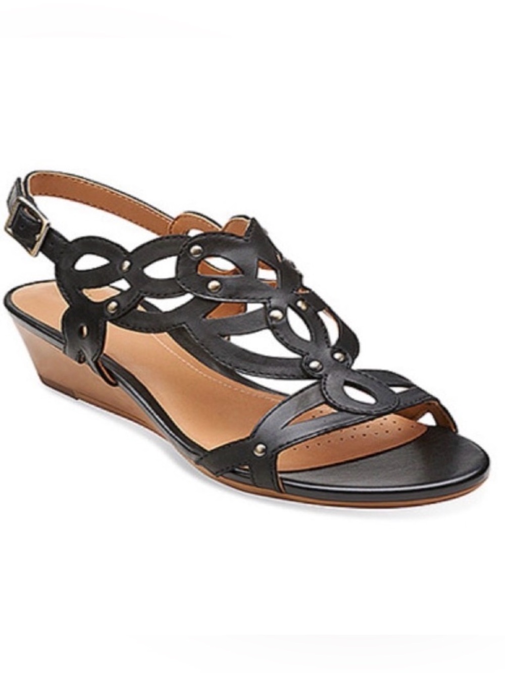 Clarks Playful Tunes Wedge Gladiator Strappy Sandal Black Leather Sz EU39